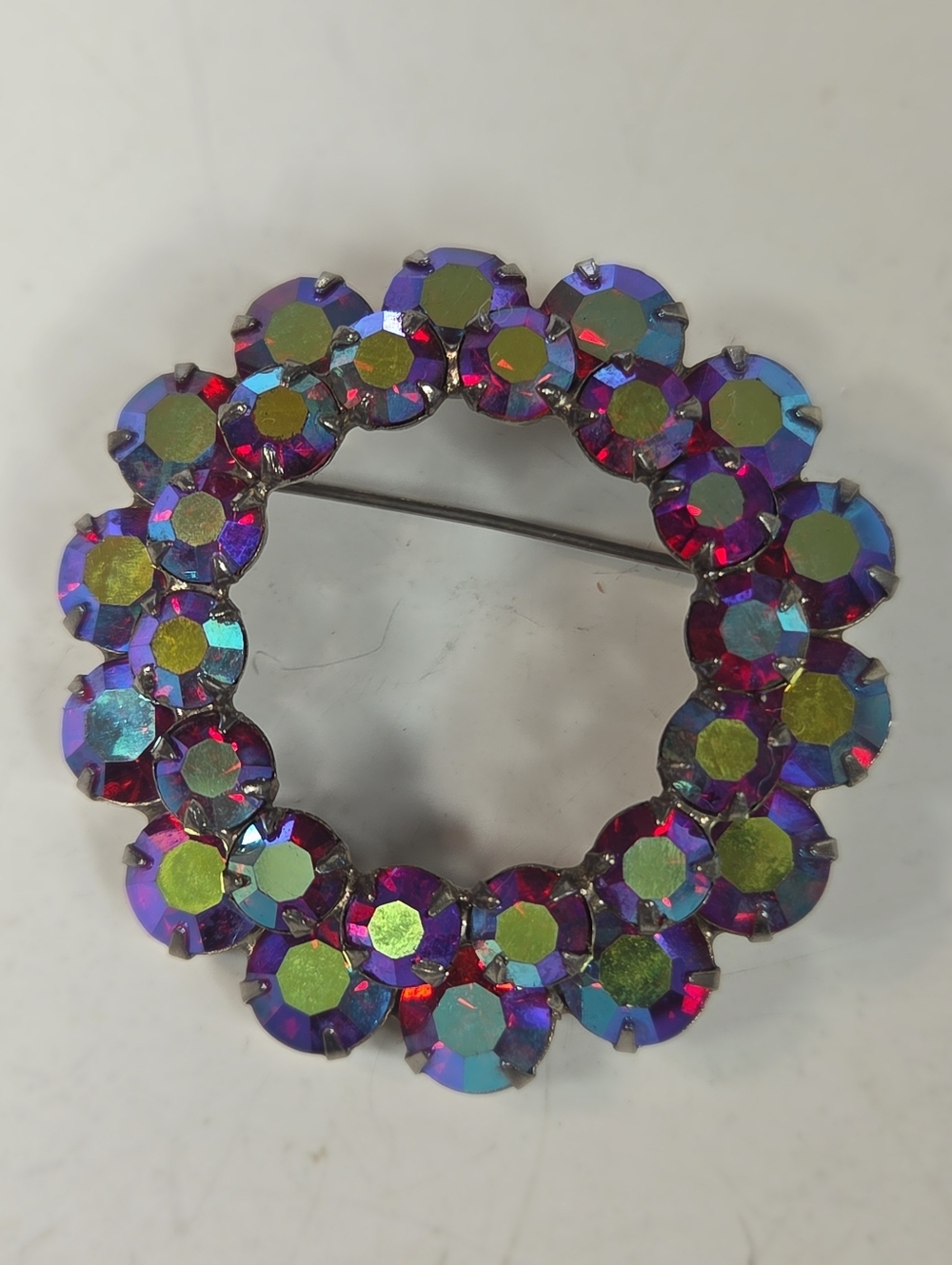 AB faceted pink purple crystal round prong set brooch silver tone big statement